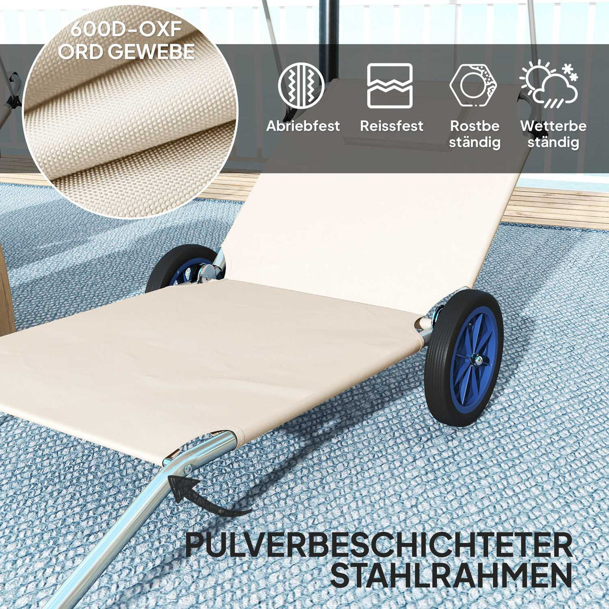 Set of 2 folding sun loungers, garden loungers with pillow roof, roller deck chairs with adjustable backrest, weatherproof camping loungers, garden chairs can hold up to 120 kg, for garden pool, beige