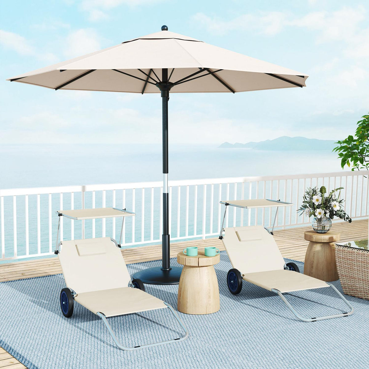 Set of 2 folding sun loungers, garden loungers with pillow roof, roller deck chairs with adjustable backrest, weatherproof camping loungers, garden chairs can hold up to 120 kg, for garden pool, beige
