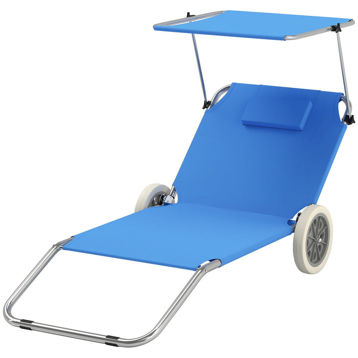 Set of 2 folding sun loungers, garden loungers with pillow roof, roller deck chairs with adjustable backrest, weatherproof camping loungers, garden chairs that can hold up to 120 kg, for garden pools, blue