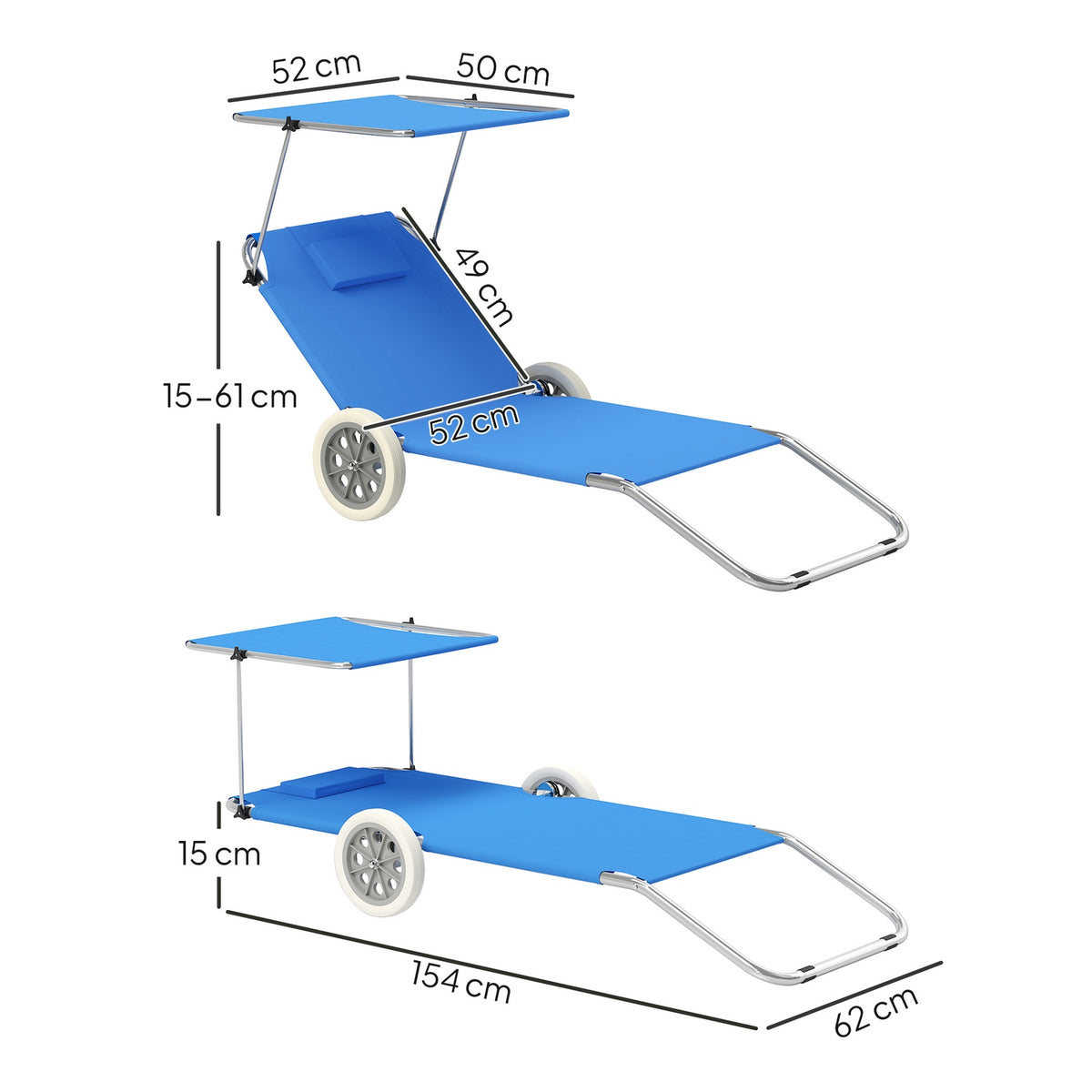 Set of 2 folding sun loungers, garden loungers with pillow roof, roller deck chairs with adjustable backrest, weatherproof camping loungers, garden chairs that can hold up to 120 kg, for garden pools, blue