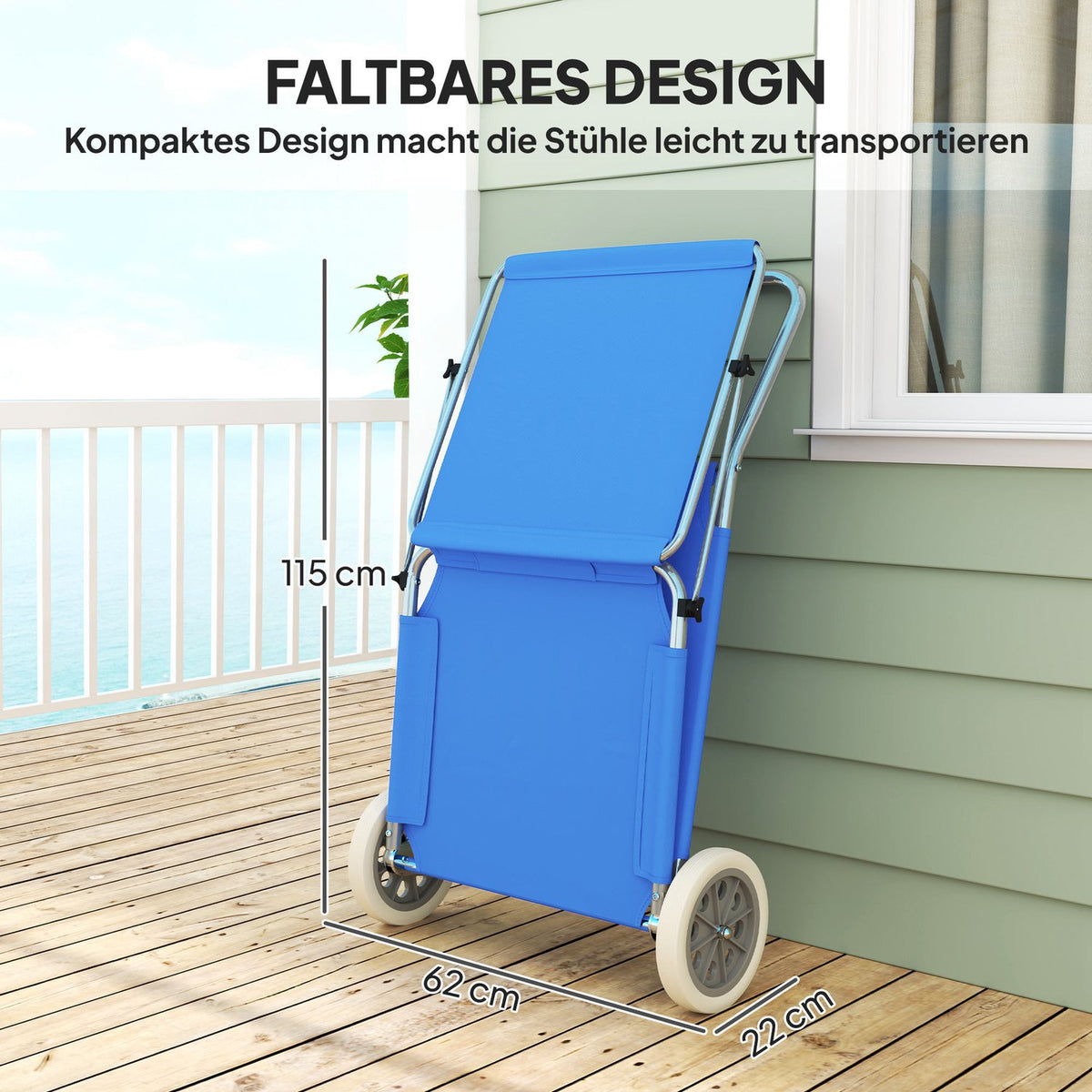 Set of 2 folding sun loungers, garden loungers with pillow roof, roller deck chairs with adjustable backrest, weatherproof camping loungers, garden chairs that can hold up to 120 kg, for garden pools, blue