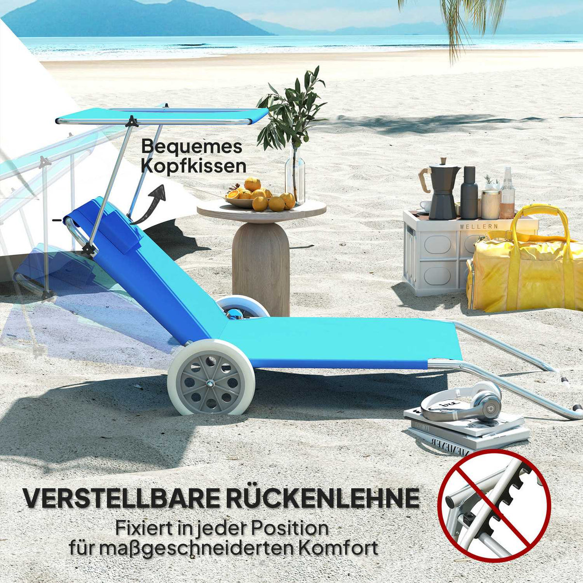 Set of 2 folding sun loungers, garden loungers with pillow roof, roller deck chairs with adjustable backrest, weatherproof camping loungers, garden chairs that can hold up to 120 kg, for garden pools, blue