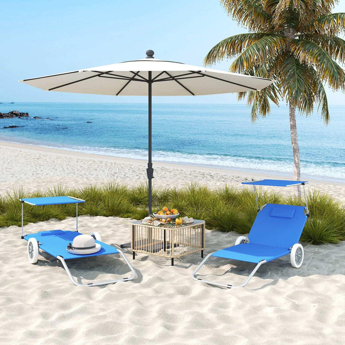 Set of 2 folding sun loungers, garden loungers with pillow roof, roller deck chairs with adjustable backrest, weatherproof camping loungers, garden chairs that can hold up to 120 kg, for garden pools, blue