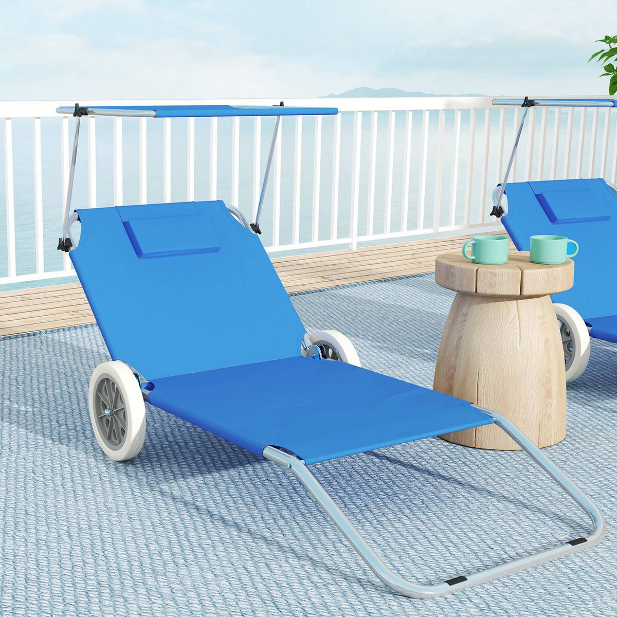 Set of 2 folding sun loungers, garden loungers with pillow roof, roller deck chairs with adjustable backrest, weatherproof camping loungers, garden chairs that can hold up to 120 kg, for garden pools, blue