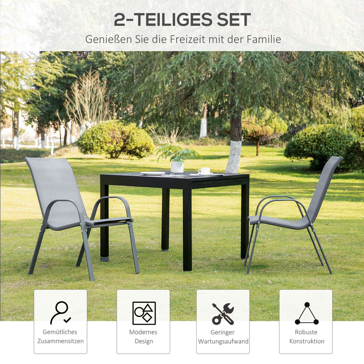 Set of 2 garden chairs stacking chairs with armrests metal mesh fabric gray 70x54x90cm for patio and garden furniture