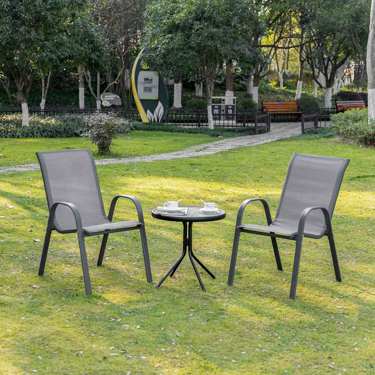 Set of 2 garden chairs stacking chairs with armrests metal mesh fabric gray 70x54x90cm for patio and garden furniture