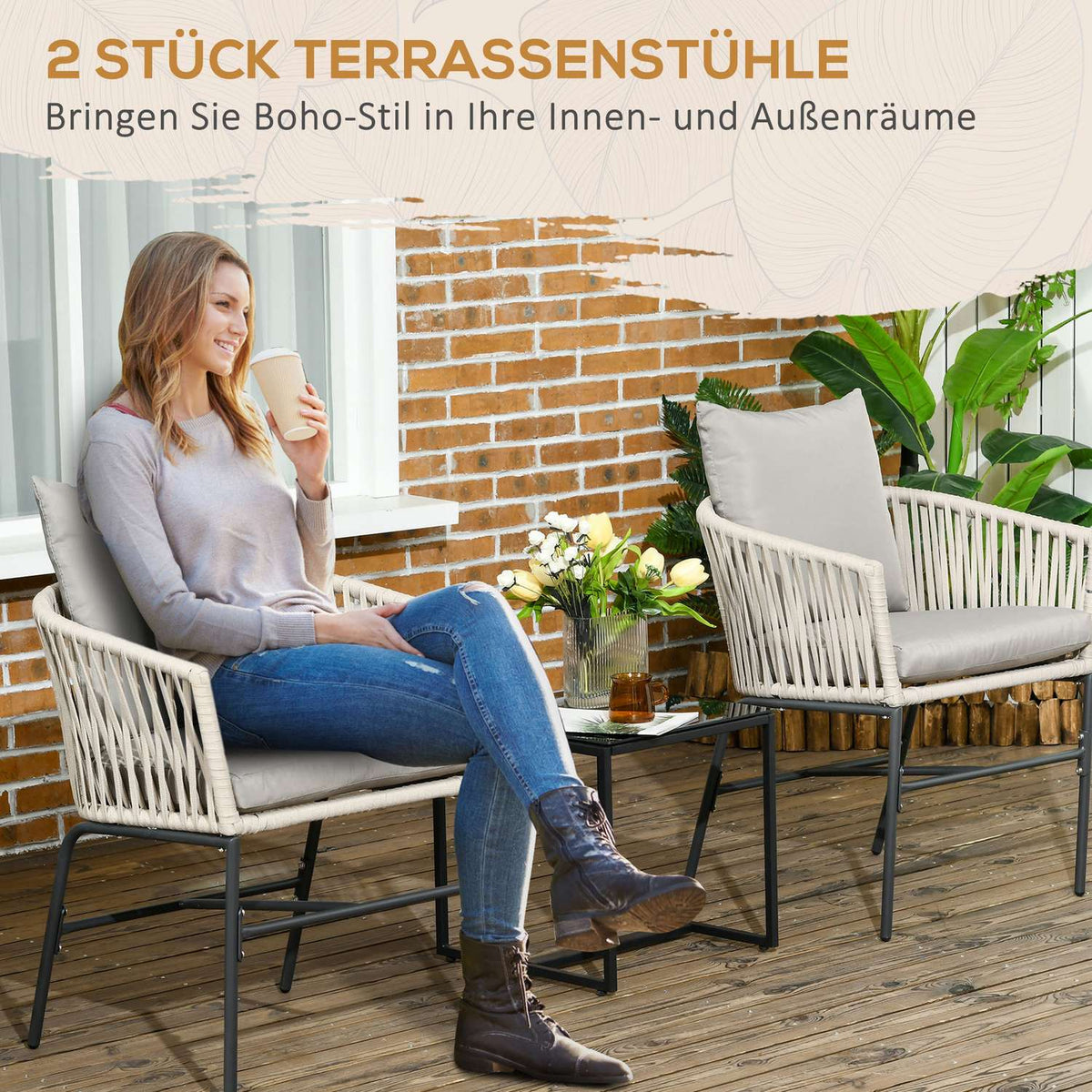 Set of 2 garden chairs with cushions, boho style garden chairs, metal frame, for balcony & terrace