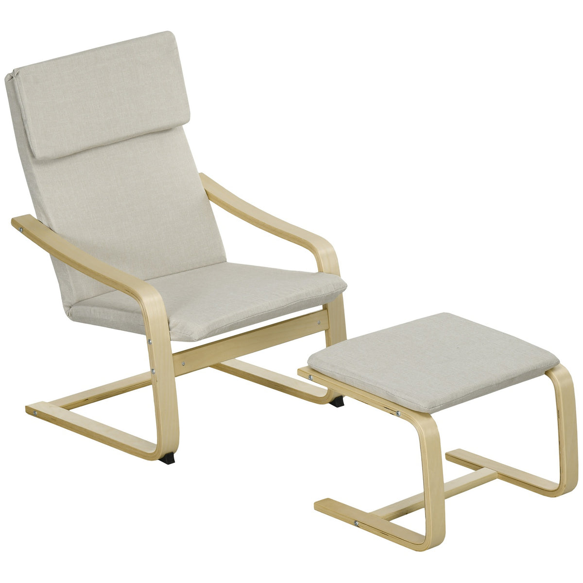 Set of 2 lounge chairs with stool, with armrest, headrest, linen cover, foot pad, polyester, eucalyptus, 66.5 x 80 x 99 cm, cream white