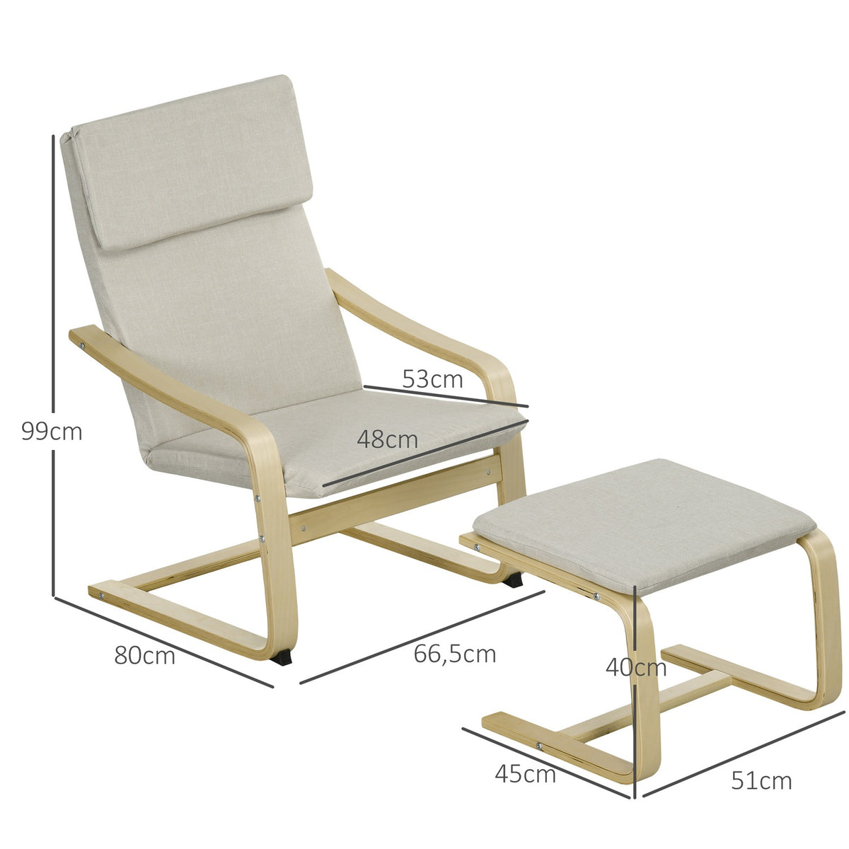 Set of 2 lounge chairs with stool, with armrest, headrest, linen cover, foot pad, polyester, eucalyptus, 66.5 x 80 x 99 cm, cream white