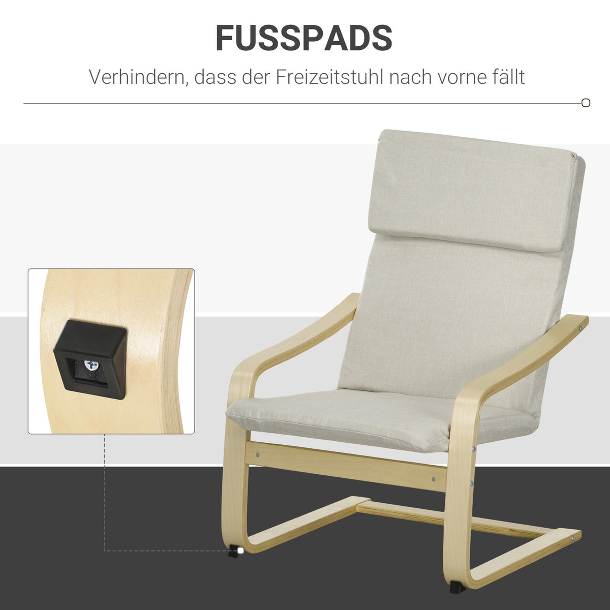 Set of 2 lounge chairs with stool, with armrest, headrest, linen cover, foot pad, polyester, eucalyptus, 66.5 x 80 x 99 cm, cream white
