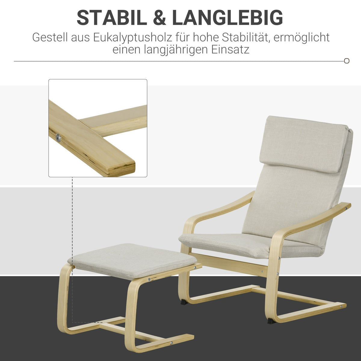 Set of 2 lounge chairs with stool, with armrest, headrest, linen cover, foot pad, polyester, eucalyptus, 66.5 x 80 x 99 cm, cream white