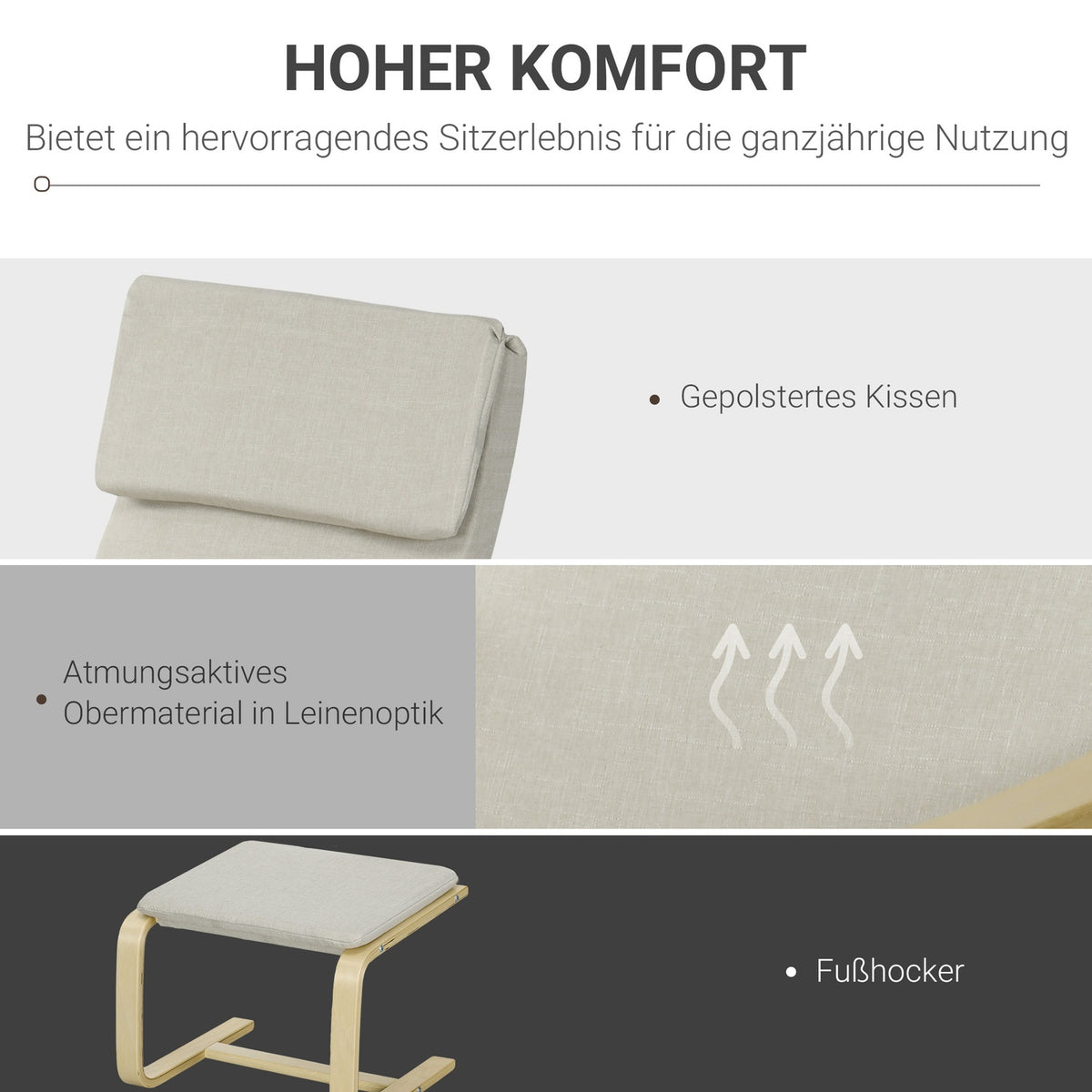 Set of 2 lounge chairs with stool, with armrest, headrest, linen cover, foot pad, polyester, eucalyptus, 66.5 x 80 x 99 cm, cream white