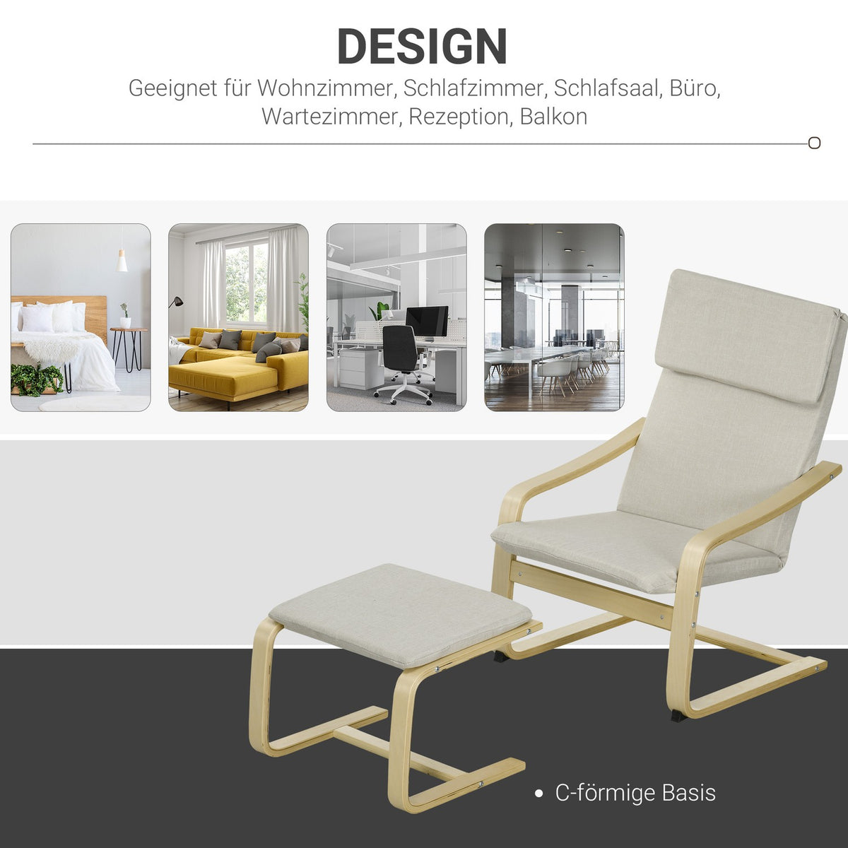 Set of 2 lounge chairs with stool, with armrest, headrest, linen cover, foot pad, polyester, eucalyptus, 66.5 x 80 x 99 cm, cream white