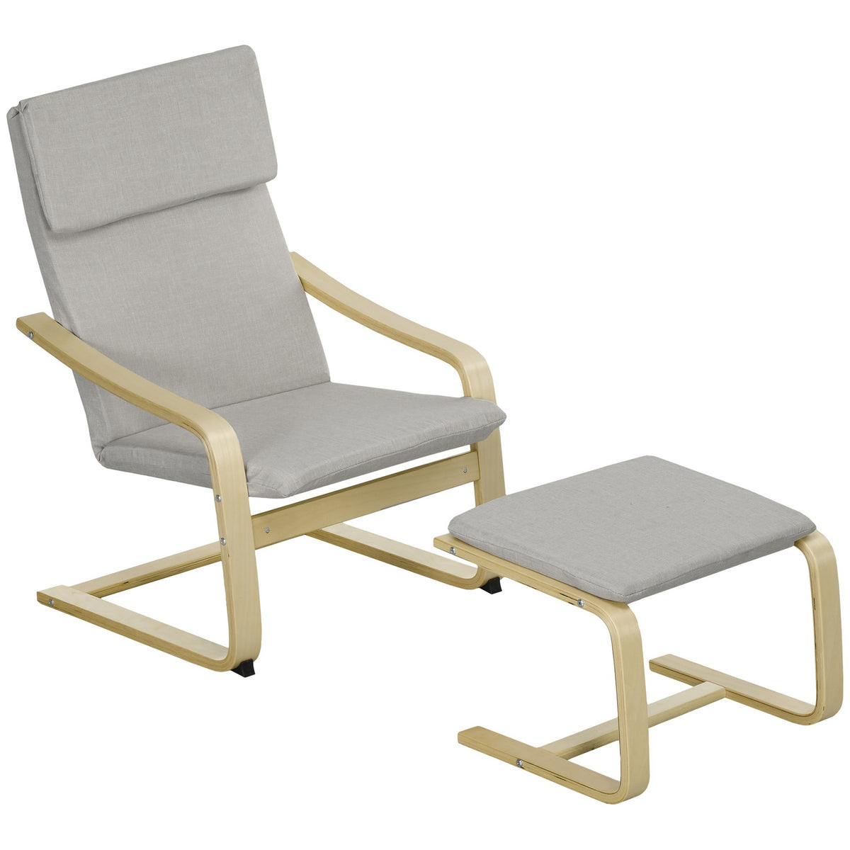 Set of 2 lounge chairs with stool, with armrest, headrest, linen cover, foot pad, polyester, eucalyptus, 66.5 x 80 x 99 cm, light gray