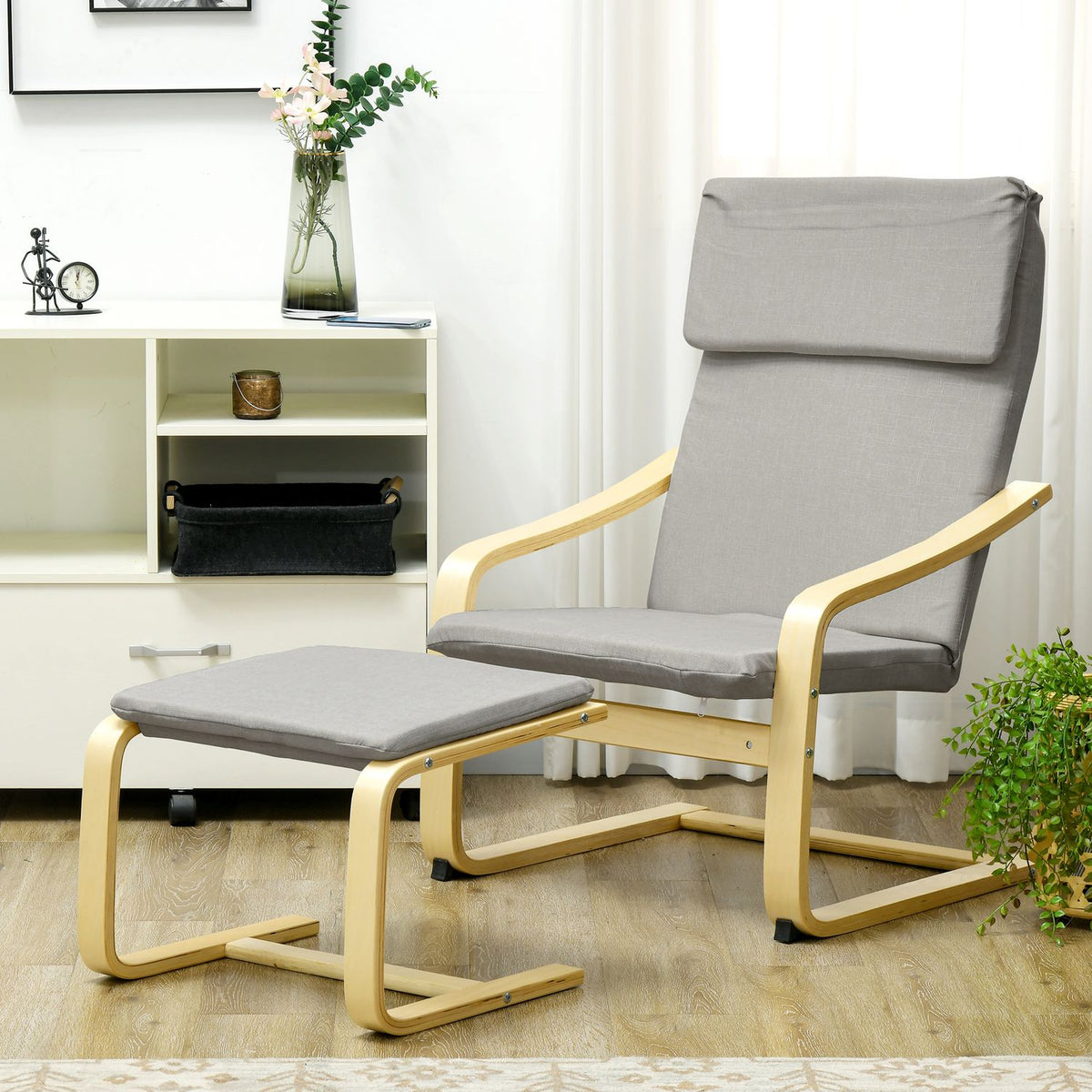 Set of 2 lounge chairs with stool, with armrest, headrest, linen cover, foot pad, polyester, eucalyptus, 66.5 x 80 x 99 cm, light gray