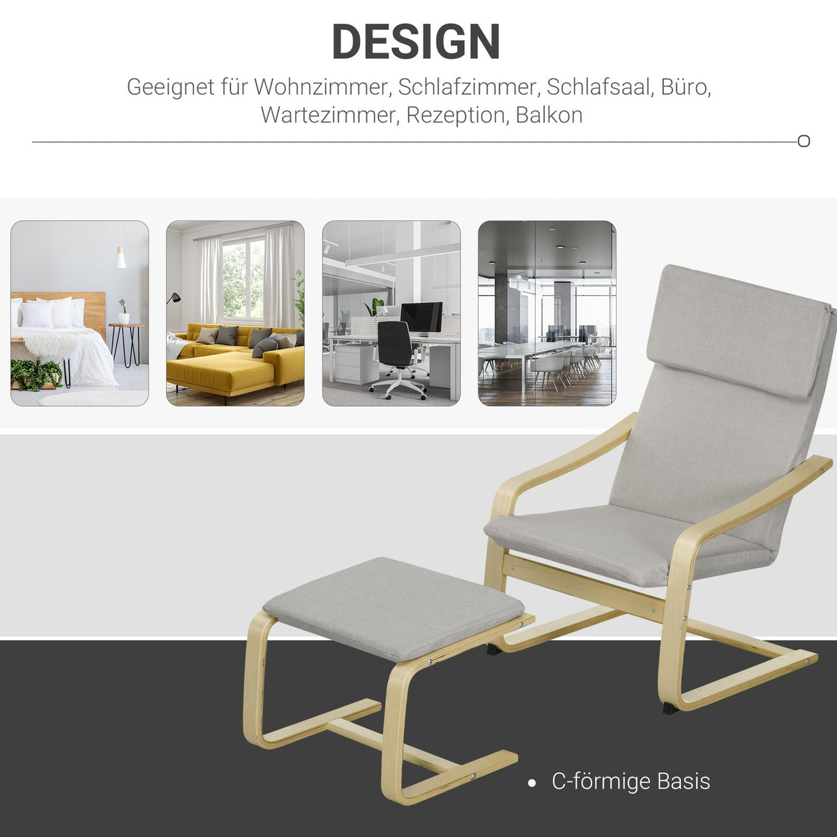 Set of 2 lounge chairs with stool, with armrest, headrest, linen cover, foot pad, polyester, eucalyptus, 66.5 x 80 x 99 cm, light gray