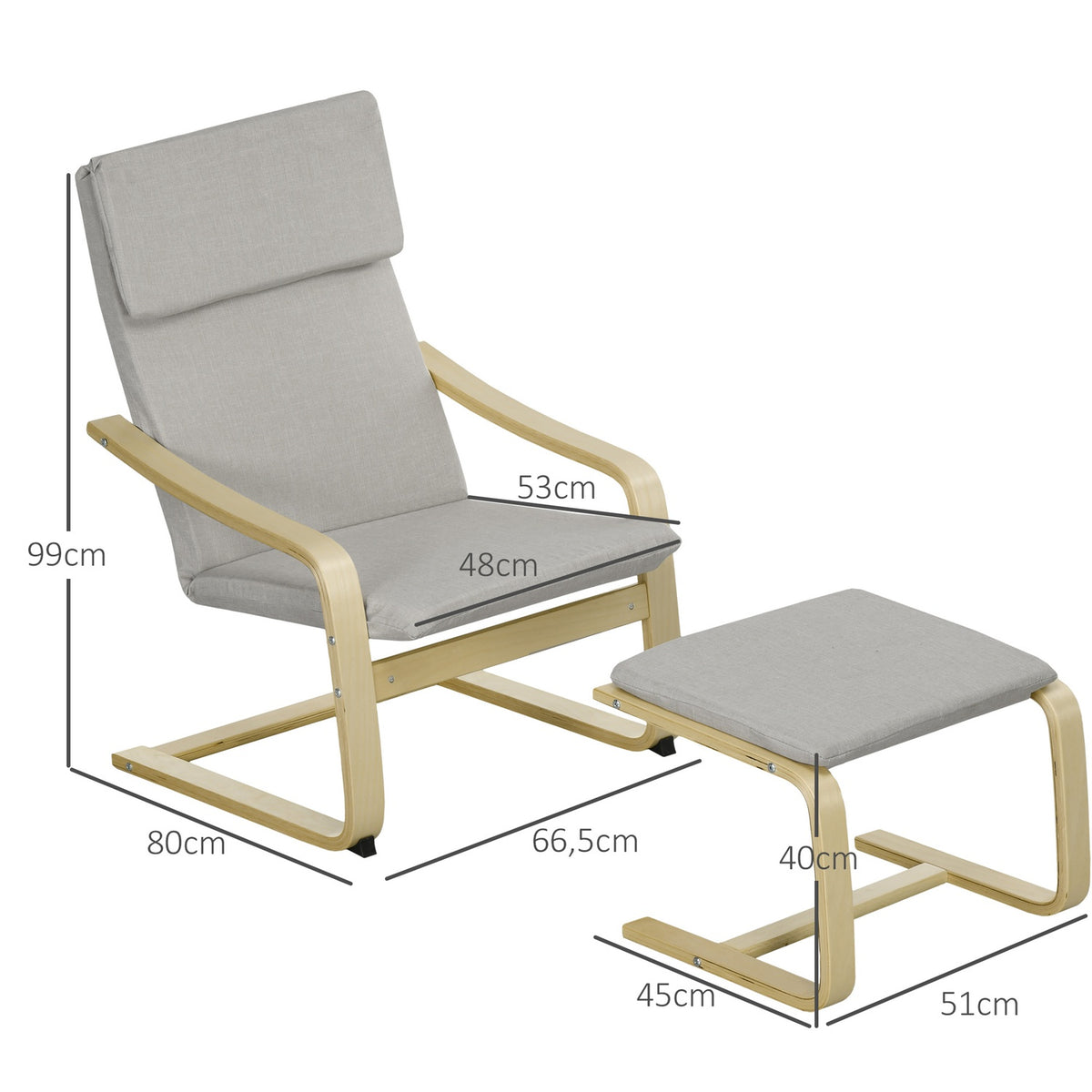 Set of 2 lounge chairs with stool, with armrest, headrest, linen cover, foot pad, polyester, eucalyptus, 66.5 x 80 x 99 cm, light gray