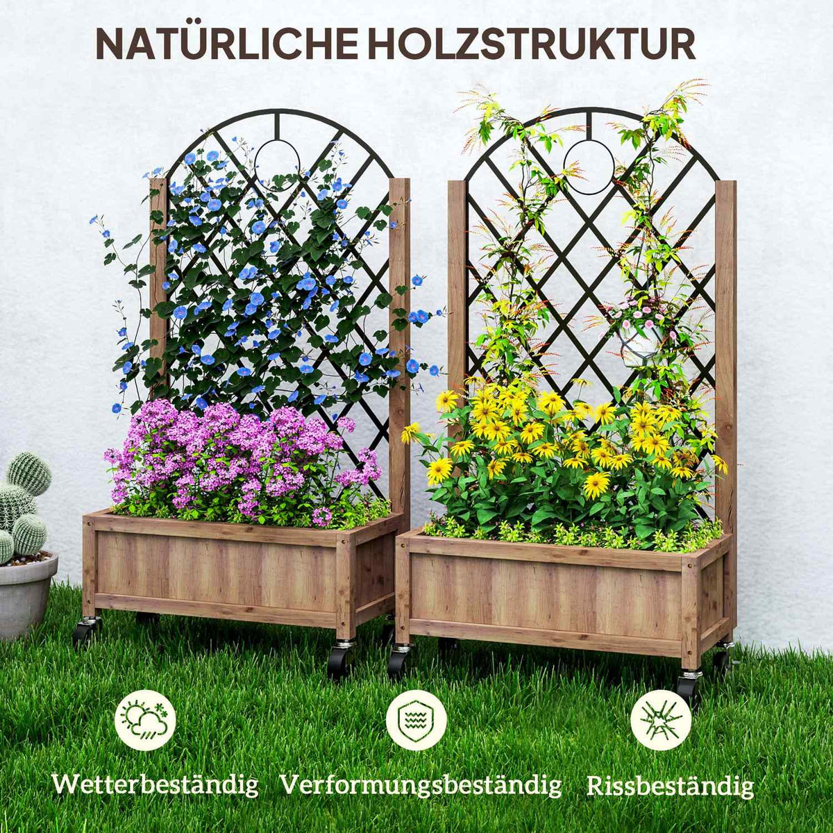 Set of 2 raised bed plant boxes with rollers, trellis, trellis plant pot, flower box, wood, garden trellis 152 x 25 x 97 cm for garden, balcony, terrace, flower pot for climbing plants, basket plants