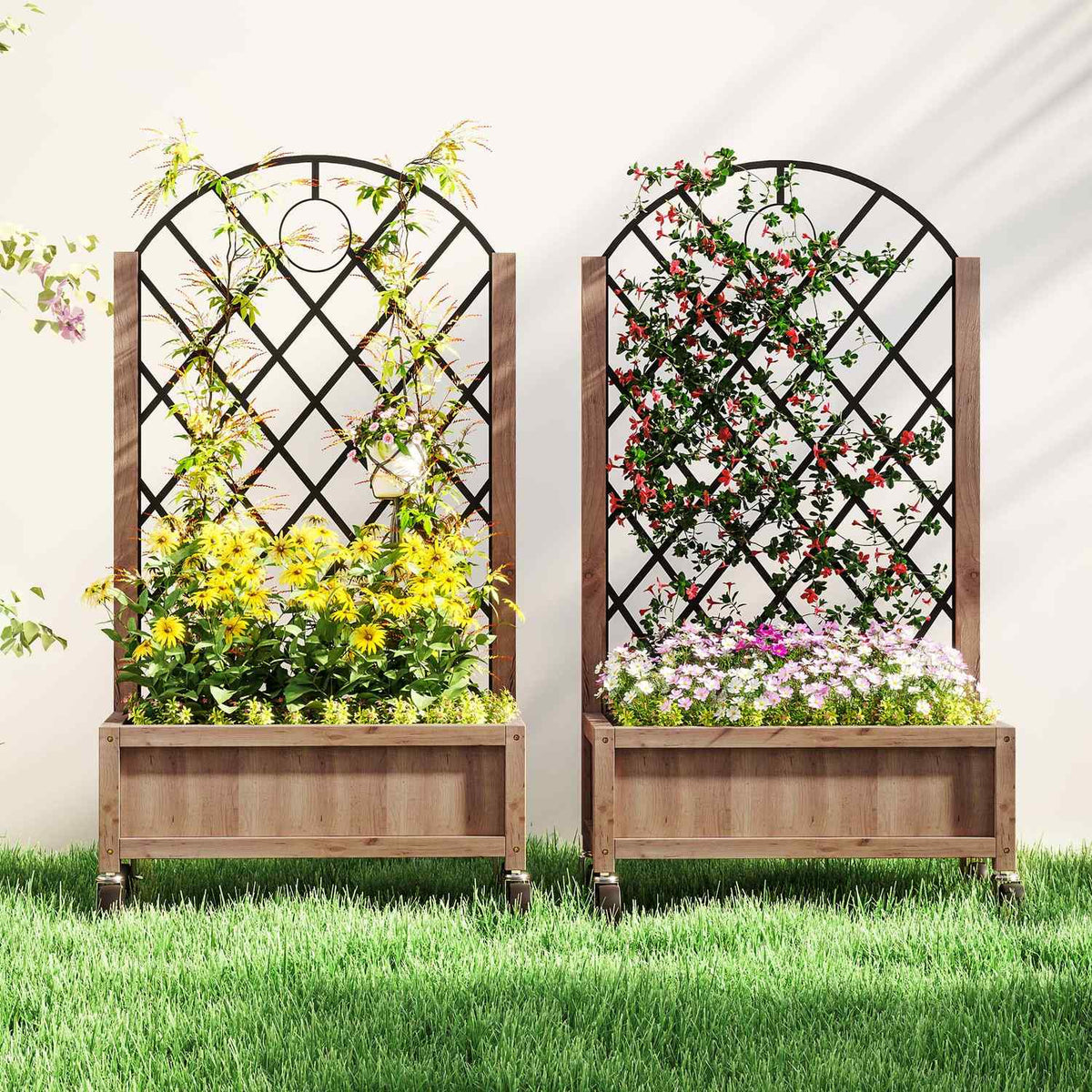 Set of 2 raised bed plant boxes with rollers, trellis, trellis plant pot, flower box, wood, garden trellis 152 x 25 x 97 cm for garden, balcony, terrace, flower pot for climbing plants, basket plants