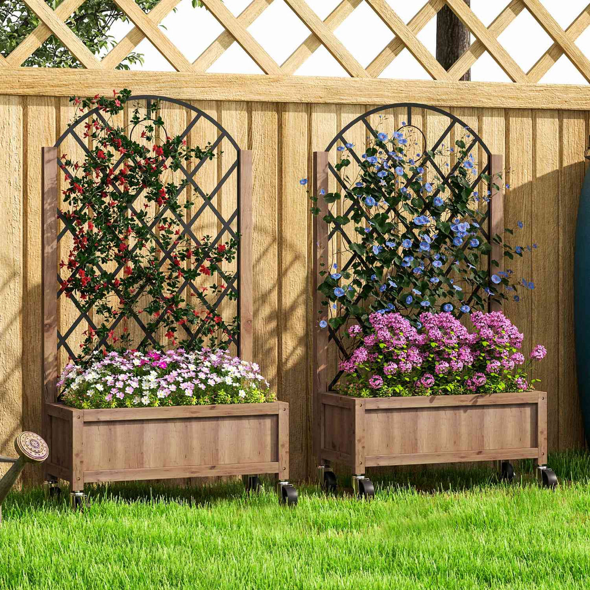 Set of 2 raised bed plant boxes with rollers, trellis, trellis plant pot, flower box, wood, garden trellis 152 x 25 x 97 cm for garden, balcony, terrace, flower pot for climbing plants, basket plants