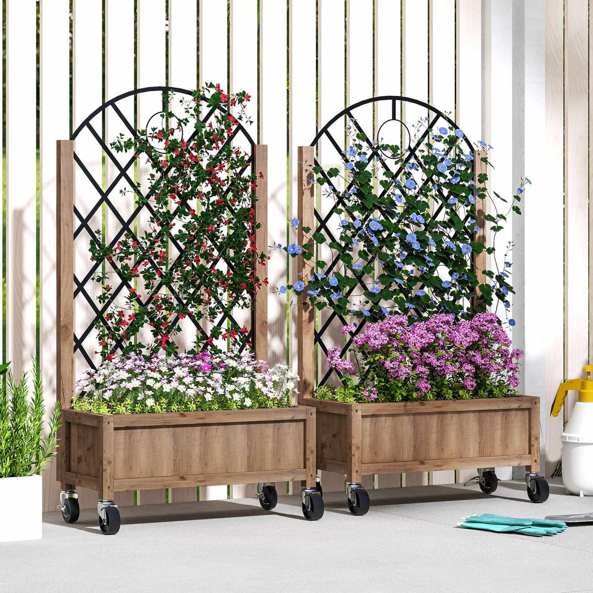 Set of 2 raised bed plant boxes with rollers, trellis, trellis plant pot, flower box, wood, garden trellis 152 x 25 x 97 cm for garden, balcony, terrace, flower pot for climbing plants, basket plants