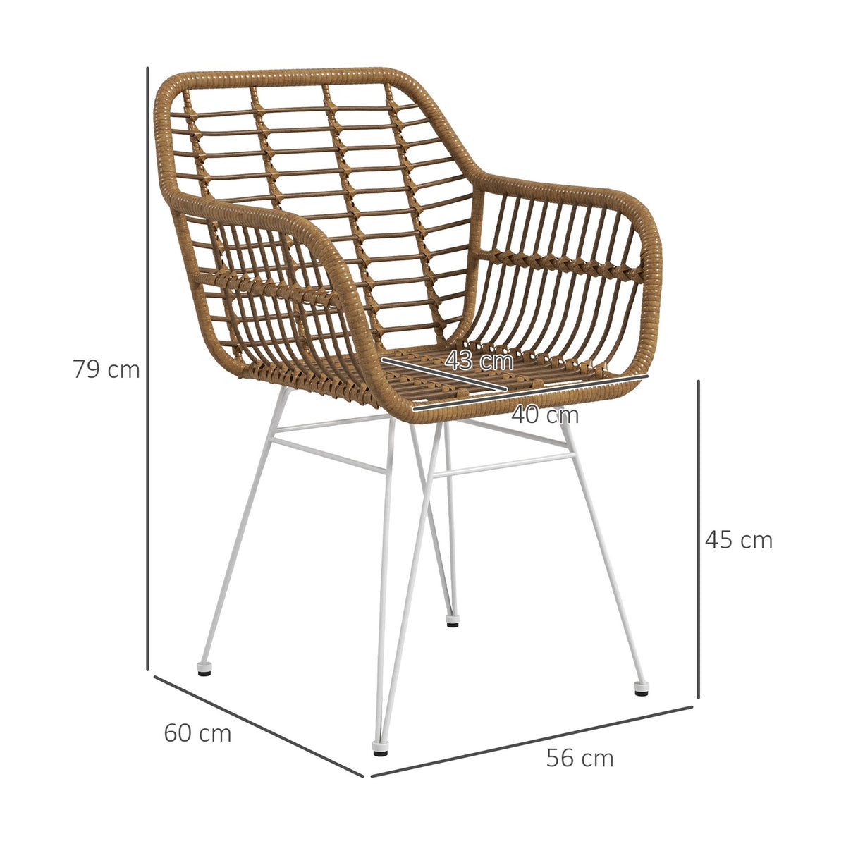 Set of 2 rattan dining room chairs, load capacity 120 kg, ergonomic, with backrest, steel legs, in boho style, 56 x 60 x 79 cm, natural