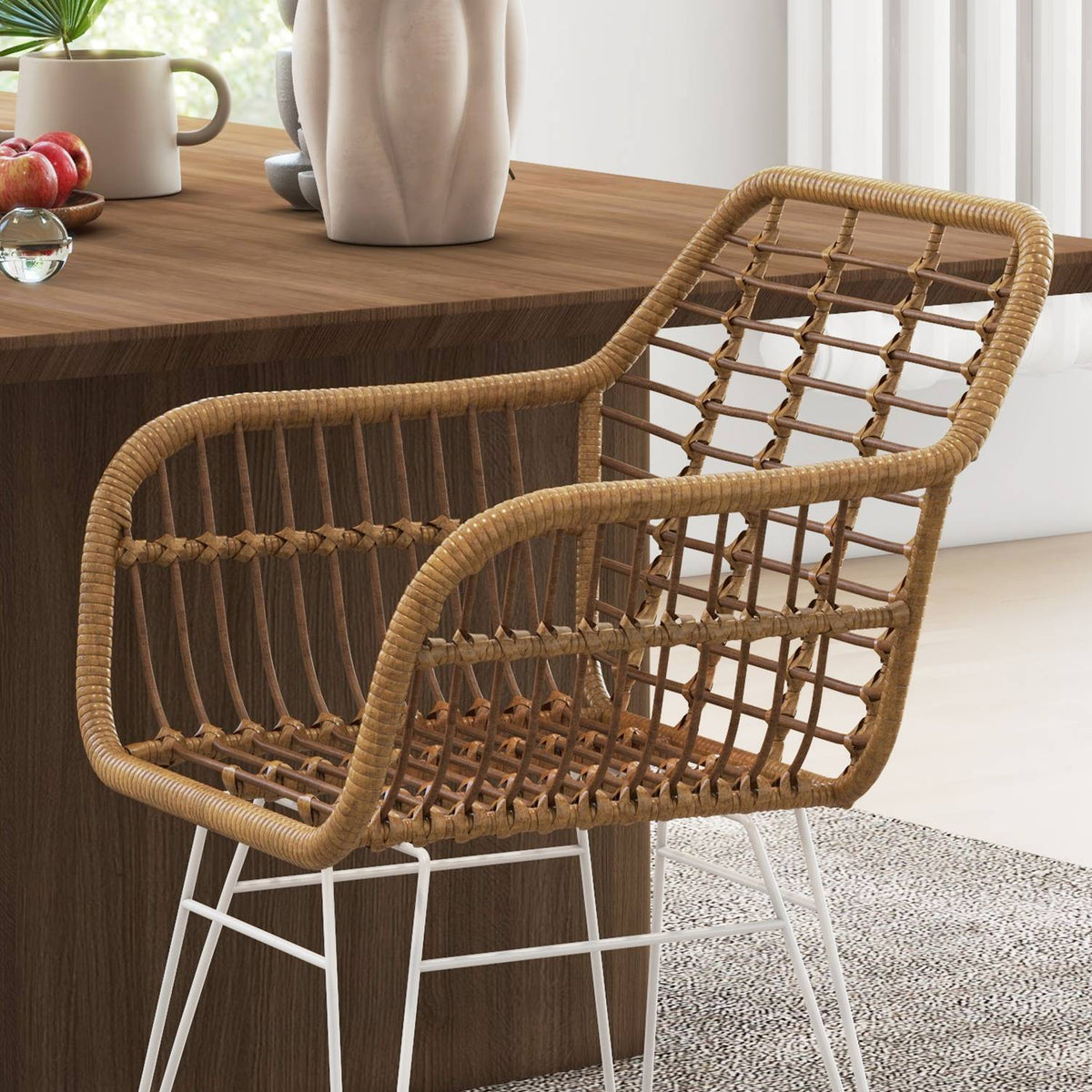 Set of 2 rattan dining room chairs, load capacity 120 kg, ergonomic, with backrest, steel legs, in boho style, 56 x 60 x 79 cm, natural