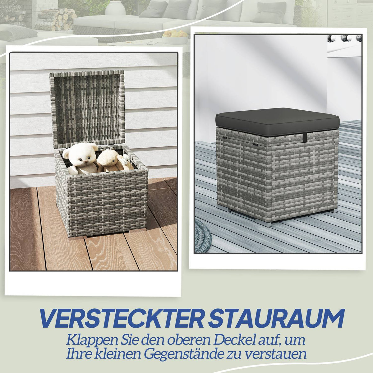 Set of 2 rattan stools with rattan look, storage space, cushion lid, 120 kg, load-bearing, weatherproof, garden stool, footstool, garden furniture for outdoor garden, terrace, 40 x 40 x 41 cm, dark gray