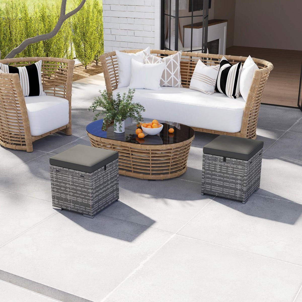 Set of 2 rattan stools with rattan look, storage space, cushion lid, 120 kg, load-bearing, weatherproof, garden stool, footstool, garden furniture for outdoor garden, terrace, 40 x 40 x 41 cm, dark gray