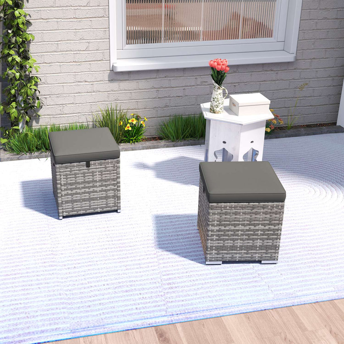 Set of 2 rattan stools with rattan look, storage space, cushion lid, 120 kg, load-bearing, weatherproof, garden stool, footstool, garden furniture for outdoor garden, terrace, 40 x 40 x 41 cm, dark gray