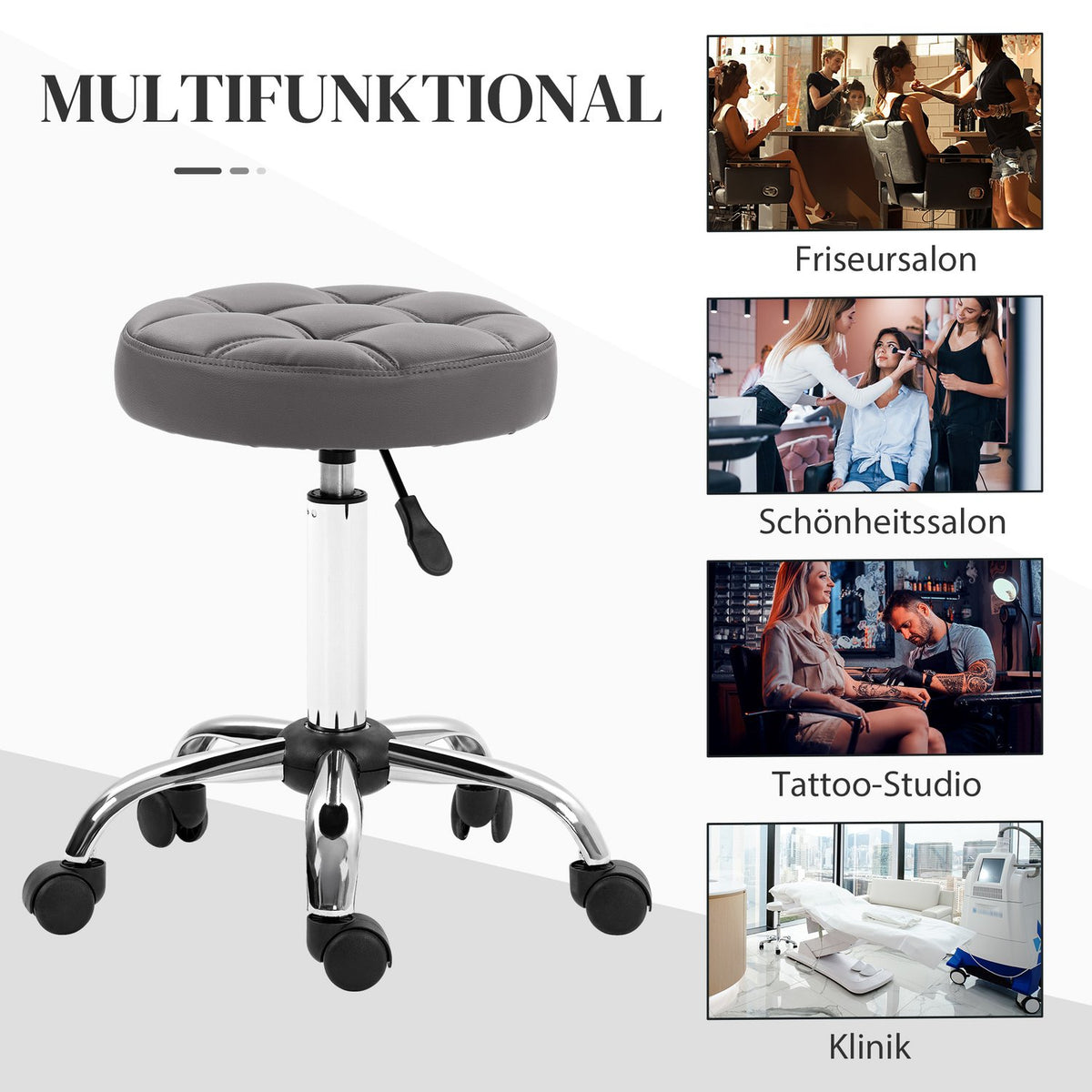 Set of 2 rolling stools, diameter 35.5 x 48-63 cm, height-adjustable swivel stool, rotating work stool with wheels, salon stool for living room, office