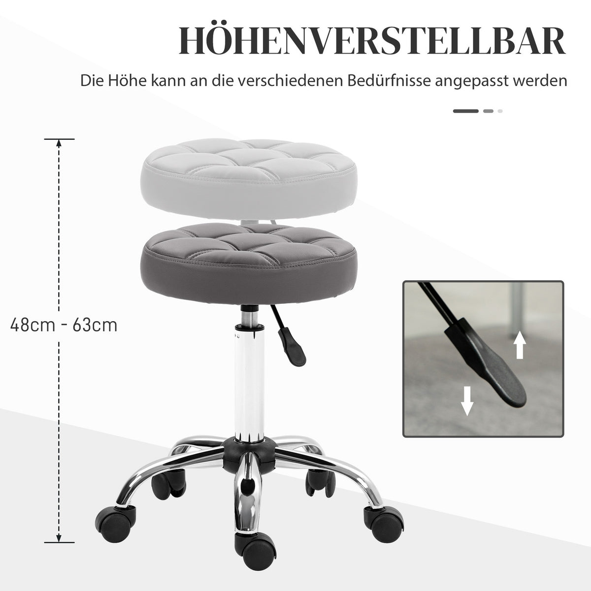 Set of 2 rolling stools, diameter 35.5 x 48-63 cm, height-adjustable swivel stool, rotating work stool with wheels, salon stool for living room, office