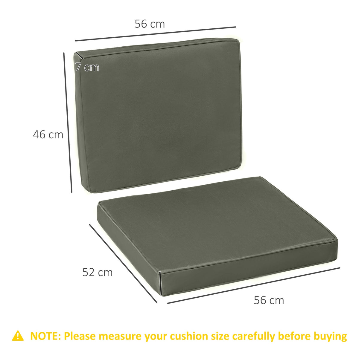 Set of 2 seat cushions, 56 x 52 cm chair cushions with zip, fabric cover, 7 cm thick padding, washable seat cushions for home, garden, car, office, sofa, chairs, dark gray