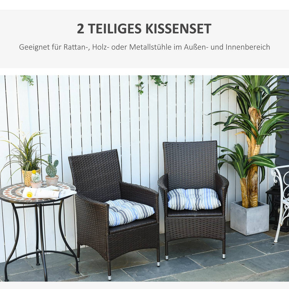 Set of 2 seat cushions, chair cushions, easy to clean, blue stripes, 50Lx45Wx8D cm