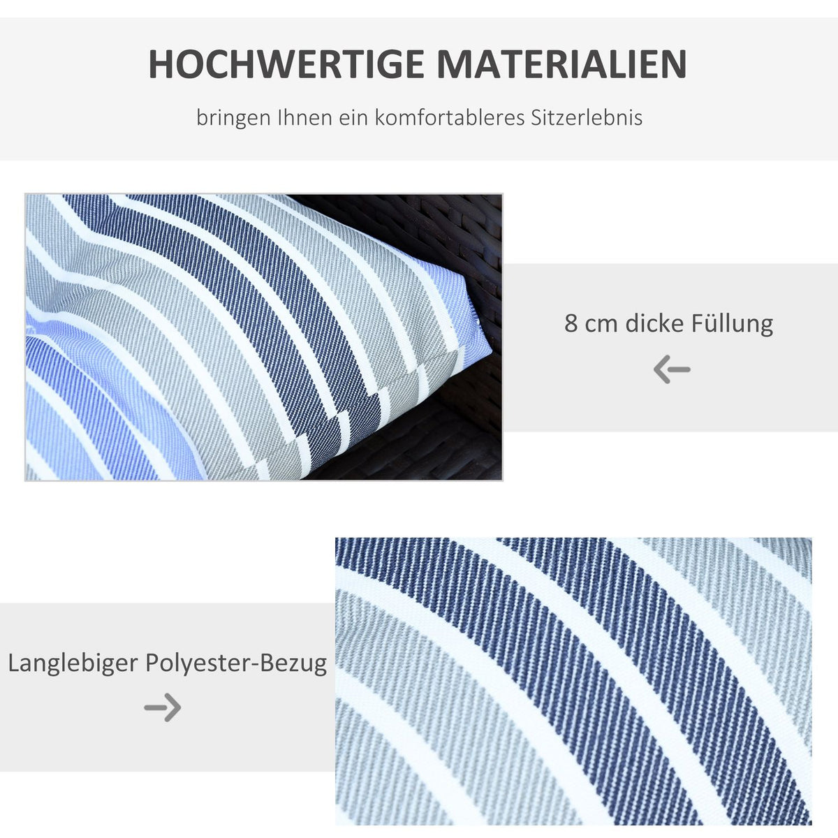 Set of 2 seat cushions, chair cushions, easy to clean, blue stripes, 50Lx45Wx8D cm