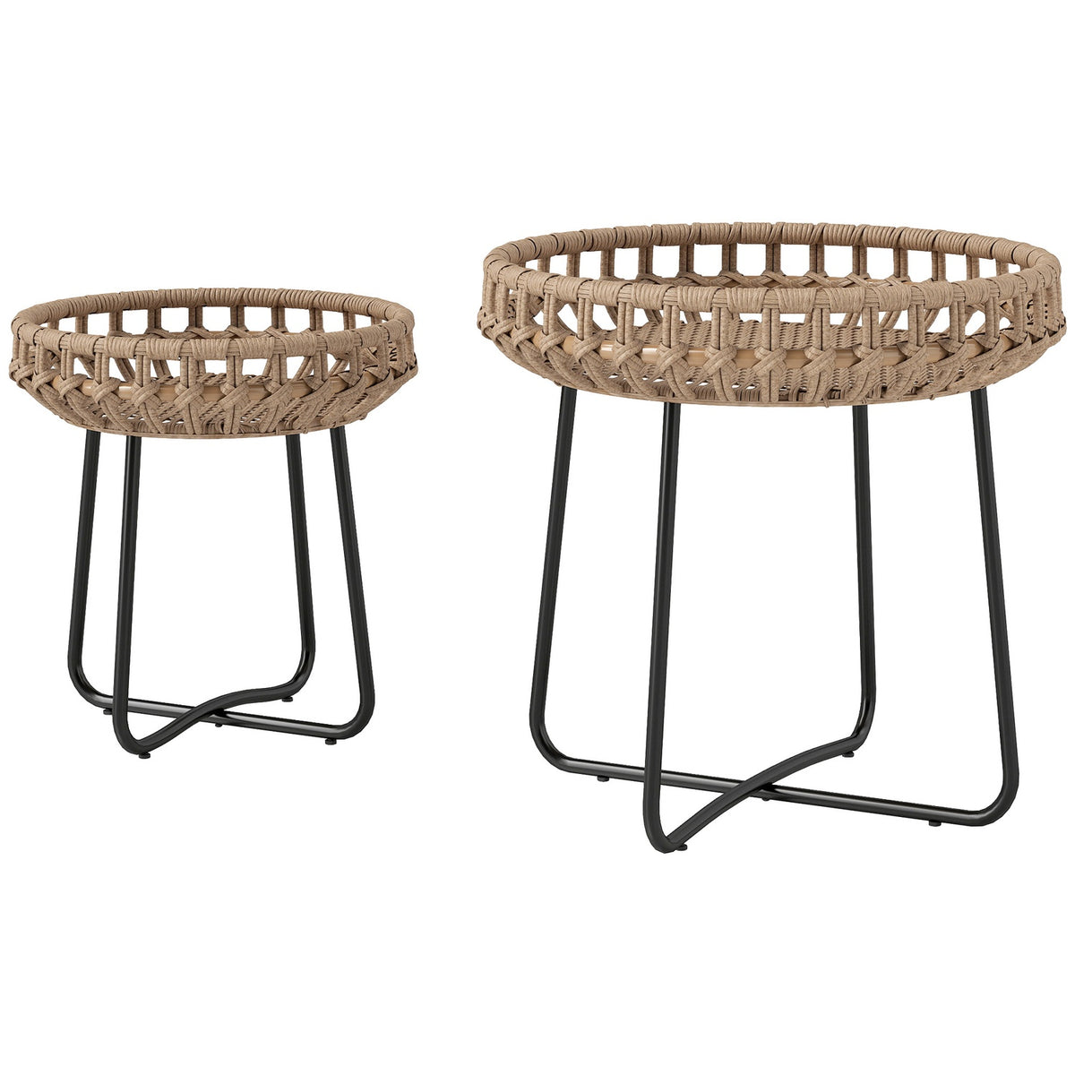 Set of 2 side tables polyrattan Ø60/41 cm round weatherproof garden table with X-legs adjustable foot pads outdoor balcony table coffee table garden furniture for garden, balcony brown |