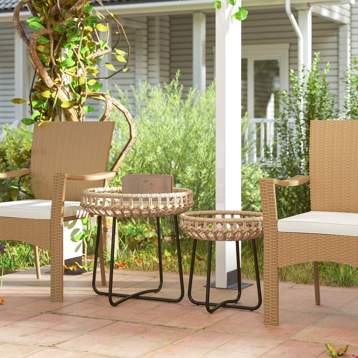 Set of 2 side tables polyrattan Ø60/41 cm round weatherproof garden table with X-legs adjustable foot pads outdoor balcony table coffee table garden furniture for garden, balcony brown |