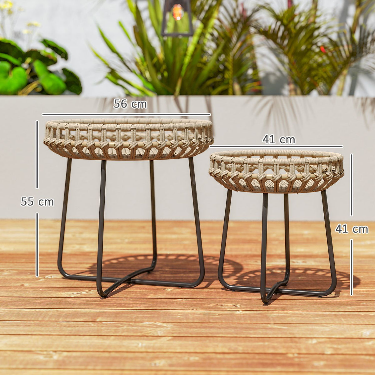 Set of 2 side tables polyrattan Ø60/41 cm round weatherproof garden table with X-legs adjustable foot pads outdoor balcony table coffee table garden furniture for garden, balcony brown |