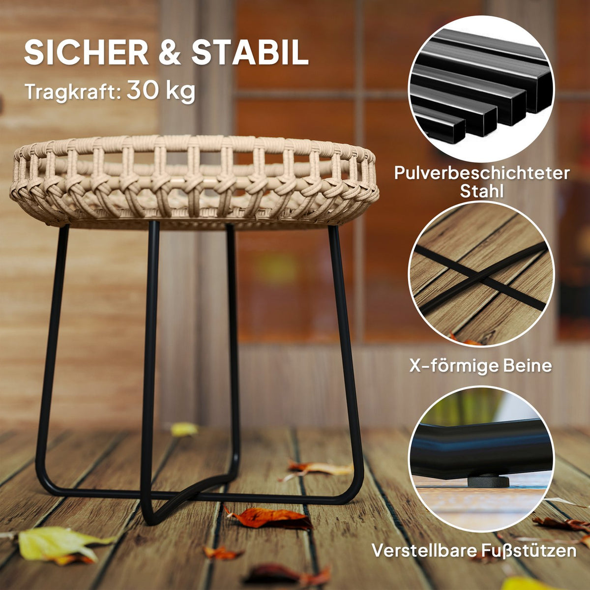 Set of 2 side tables polyrattan Ø60/41 cm round weatherproof garden table with X-legs adjustable foot pads outdoor balcony table coffee table garden furniture for garden, balcony brown |
