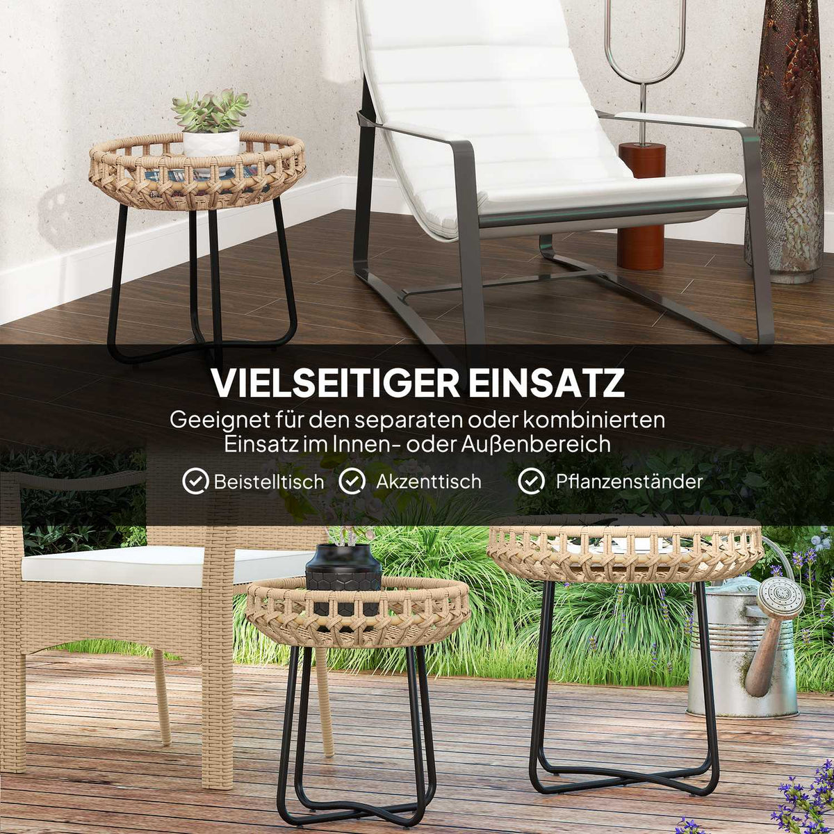 Set of 2 side tables polyrattan Ø60/41 cm round weatherproof garden table with X-legs adjustable foot pads outdoor balcony table coffee table garden furniture for garden, balcony brown |