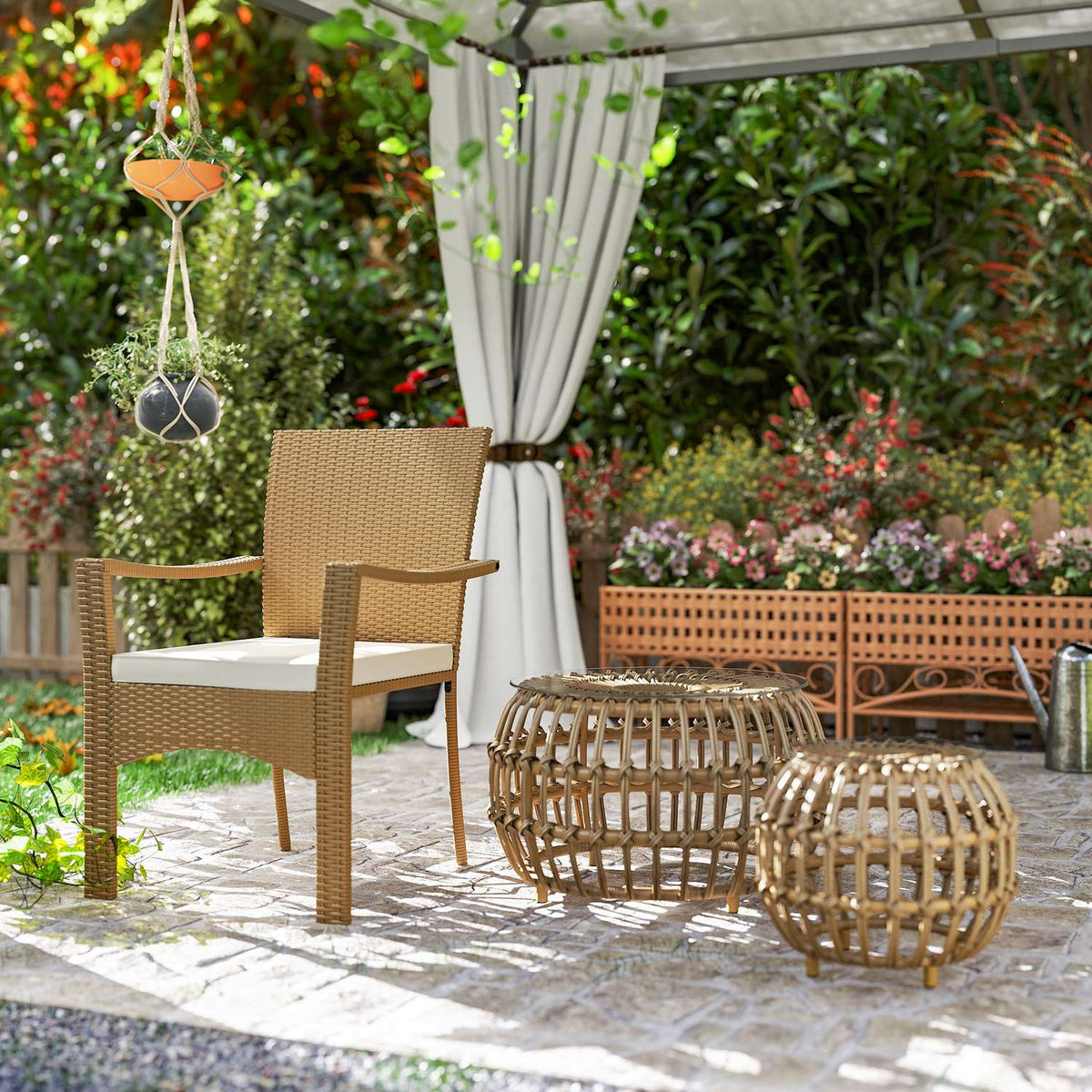 Set of 2 side tables polyrattan Ø66/42 cm round weatherproof garden table with glass top outdoor balcony table coffee table garden furniture for garden, balcony brown |