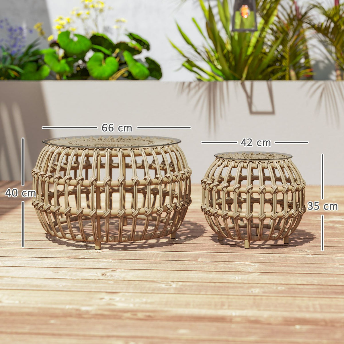 Set of 2 side tables polyrattan Ø66/42 cm round weatherproof garden table with glass top outdoor balcony table coffee table garden furniture for garden, balcony brown |