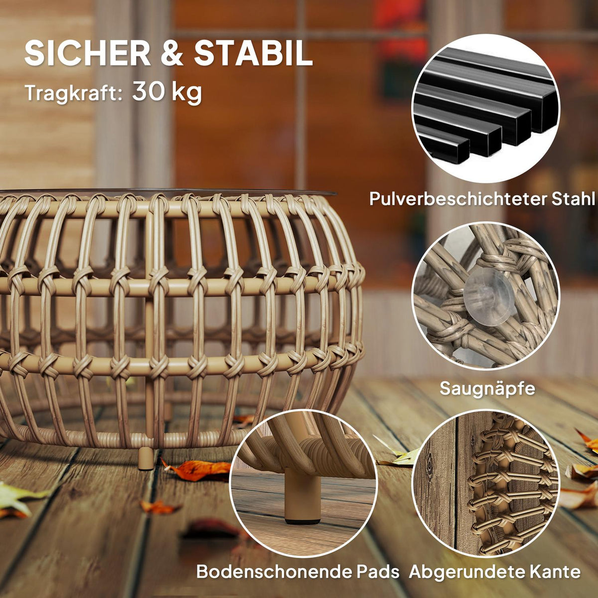 Set of 2 side tables polyrattan Ø66/42 cm round weatherproof garden table with glass top outdoor balcony table coffee table garden furniture for garden, balcony brown |