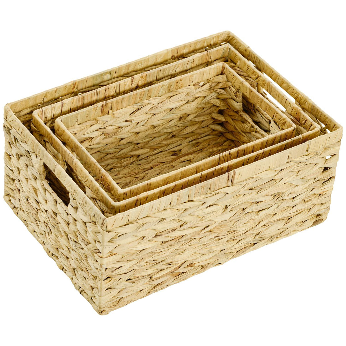Set of 3 Storage Baskets, Woven Water Hyacinth Baskets for Storage and Organizing, Living Room, Kitchen, Bedroom, 40x30x18cm, Natural Wood