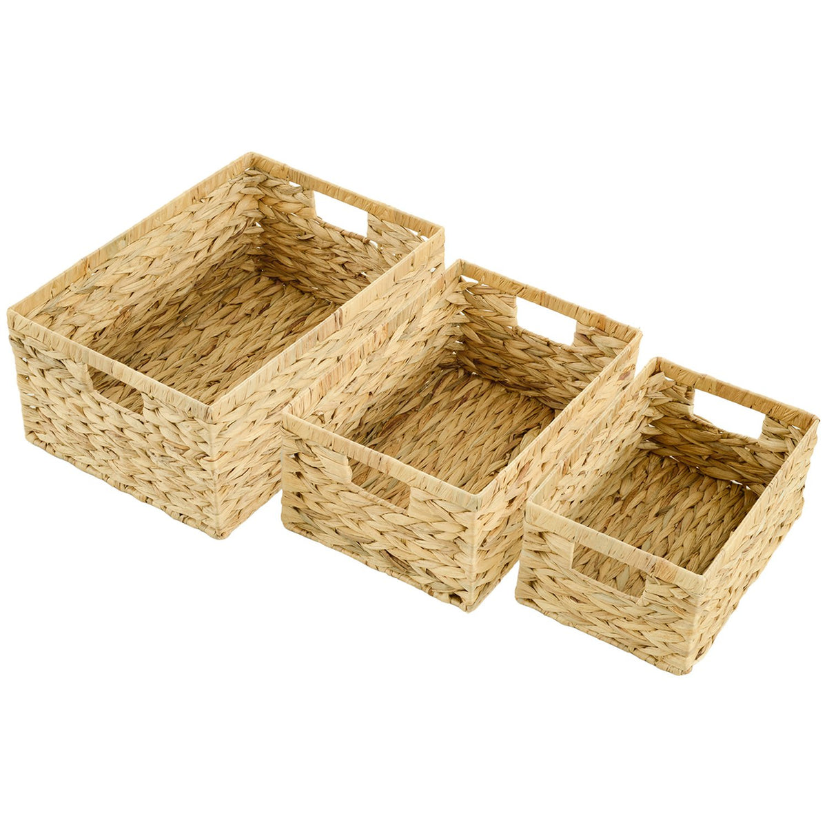 Set of 3 Storage Baskets, Woven Water Hyacinth Baskets for Storage and Organizing, Living Room, Kitchen, Bedroom, 40x30x18cm, Natural Wood