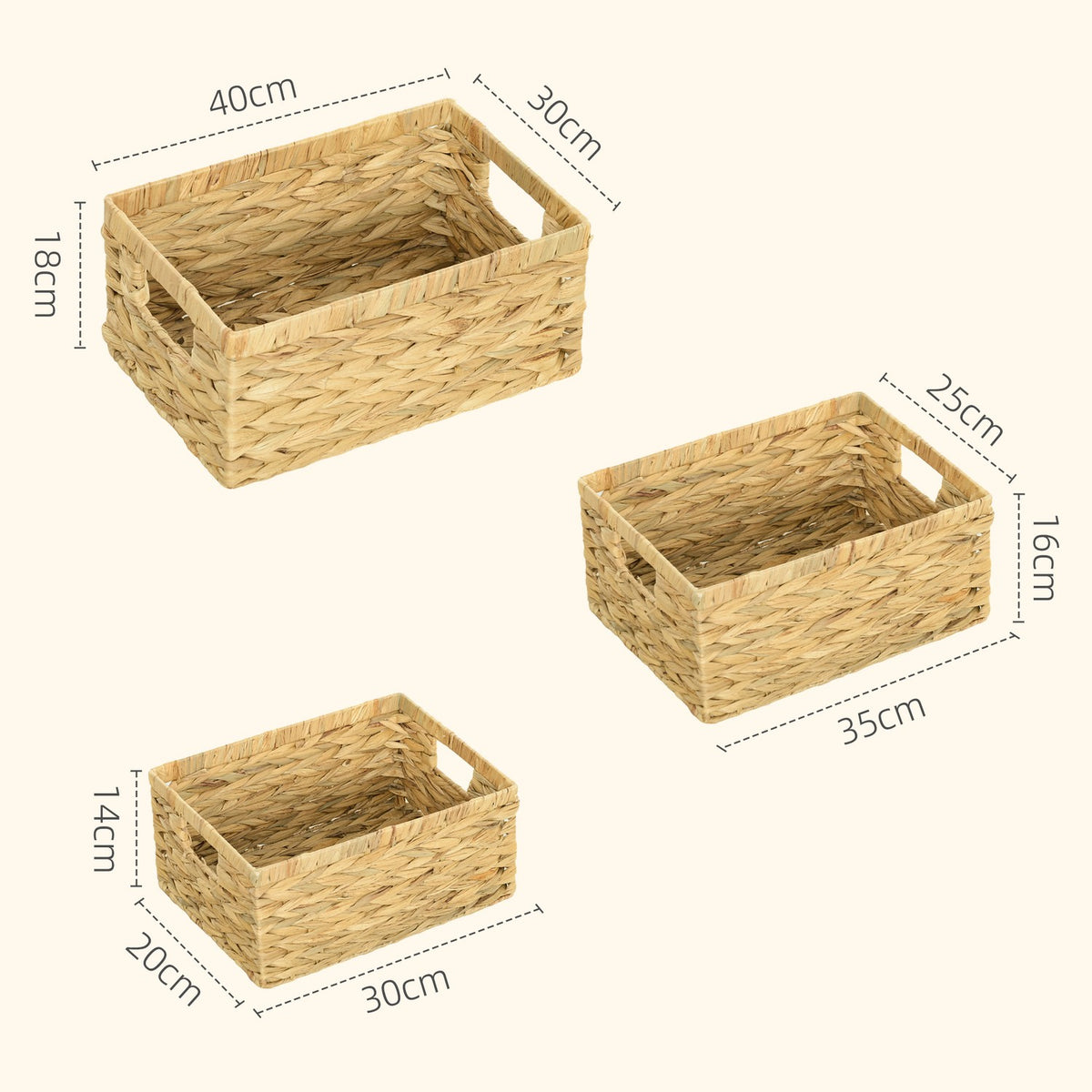 Set of 3 Storage Baskets, Woven Water Hyacinth Baskets for Storage and Organizing, Living Room, Kitchen, Bedroom, 40x30x18cm, Natural Wood