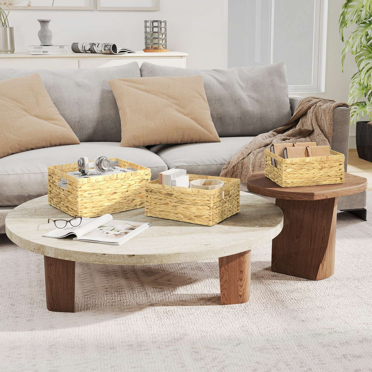 Set of 3 Storage Baskets, Woven Water Hyacinth Baskets for Storage and Organizing, Living Room, Kitchen, Bedroom, 40x30x18cm, Natural Wood