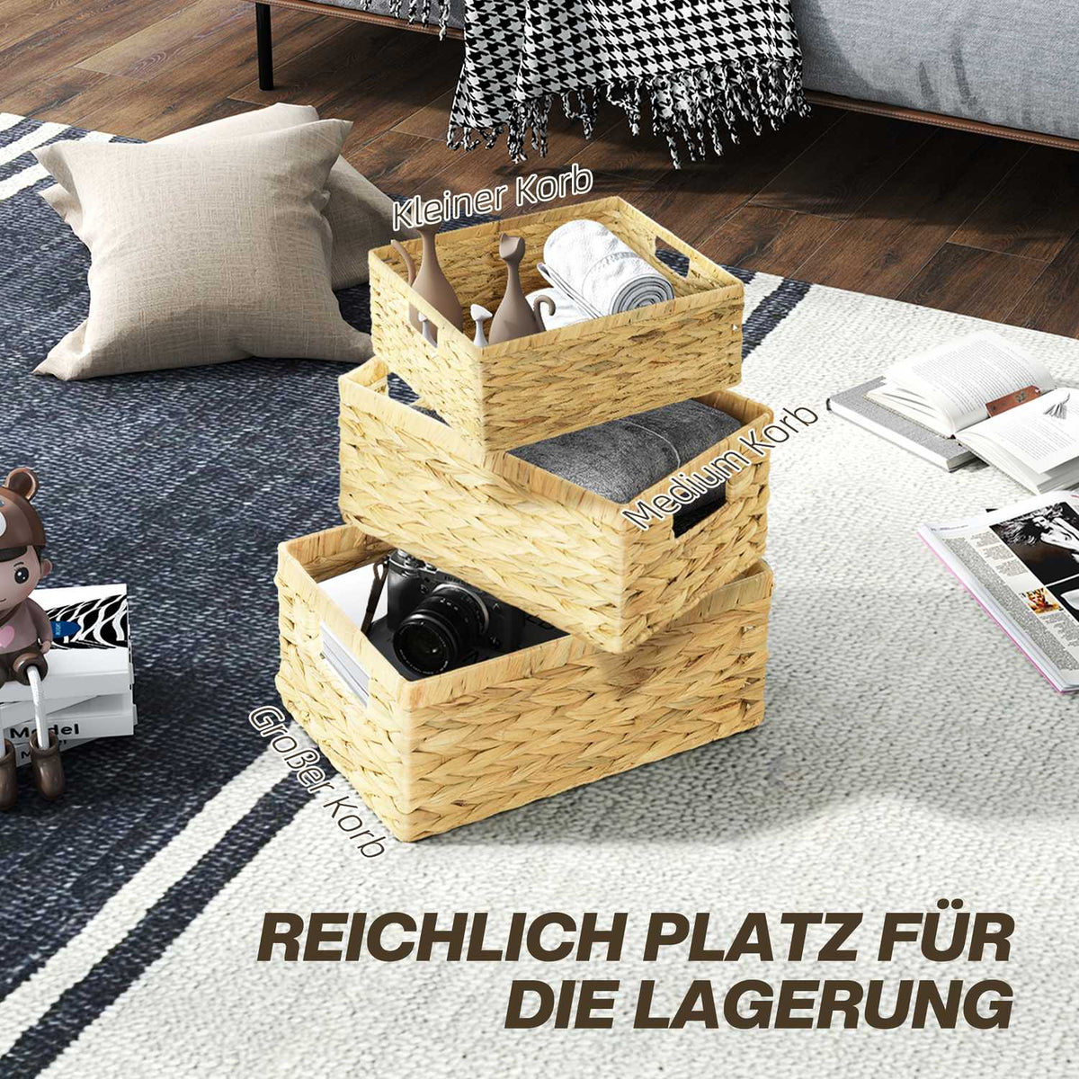 Set of 3 Storage Baskets, Woven Water Hyacinth Baskets for Storage and Organizing, Living Room, Kitchen, Bedroom, 40x30x18cm, Natural Wood