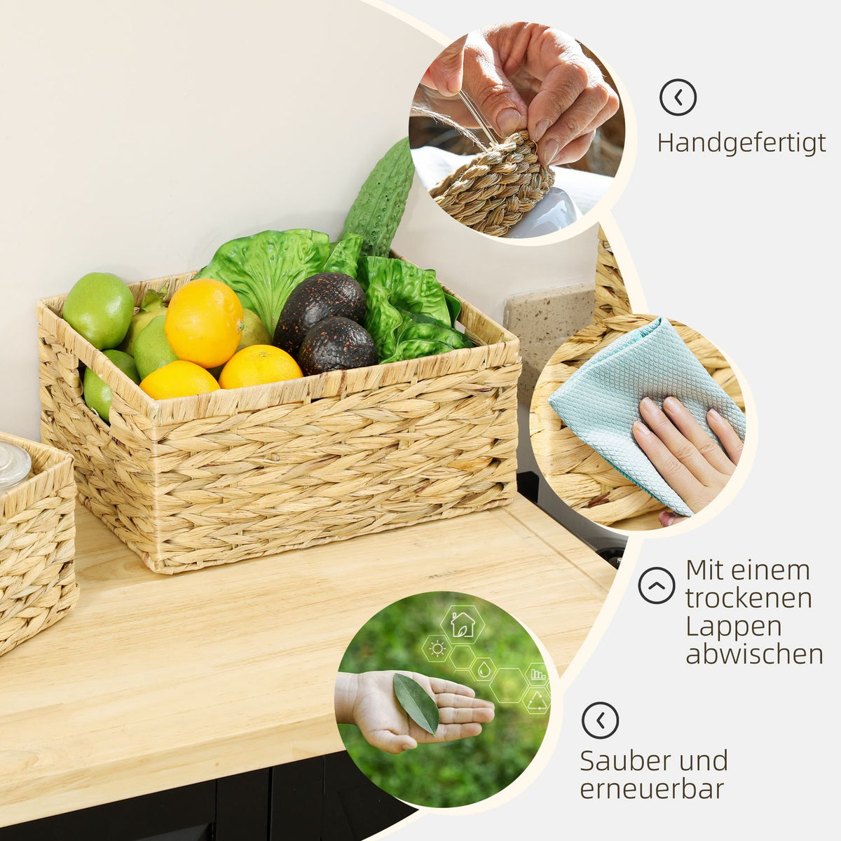 Set of 3 Storage Baskets, Woven Water Hyacinth Baskets for Storage and Organizing, Living Room, Kitchen, Bedroom, 40x30x18cm, Natural Wood