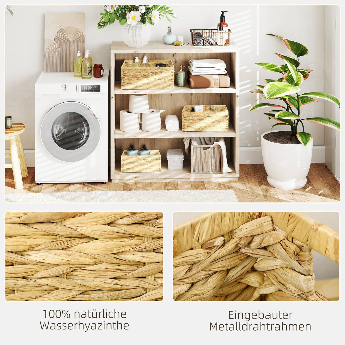 Set of 3 Storage Baskets, Woven Water Hyacinth Baskets for Storage and Organizing, Living Room, Kitchen, Bedroom, 40x30x18cm, Natural Wood